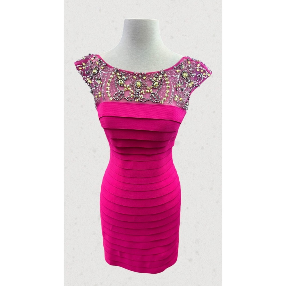 Sherri Hill Hot Pink Bandage Dress Size 4 Beaded Rhinestone Cocktail Prom Party - Picture 16 of 16